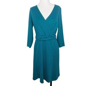Lands End Ponte Knit Faux Wrap Dress Teal sz M 6-8 * 3/4 Sleeve Blue Green Work